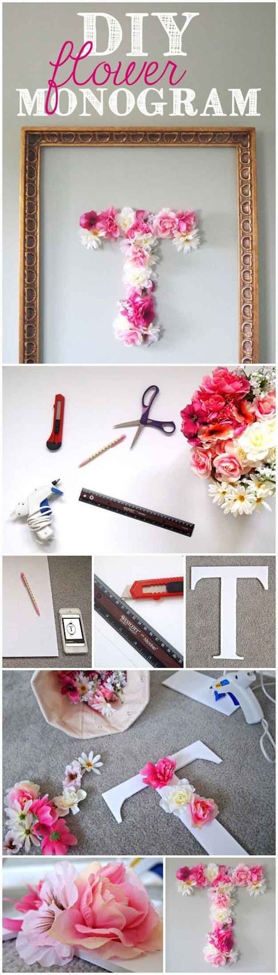 Cool Wall Art Room Decorations for Teen Bedroom | DIY Flower Monogram by DIY Ready at http://diyready.com/diy-projects-for-teens-bedroom/: